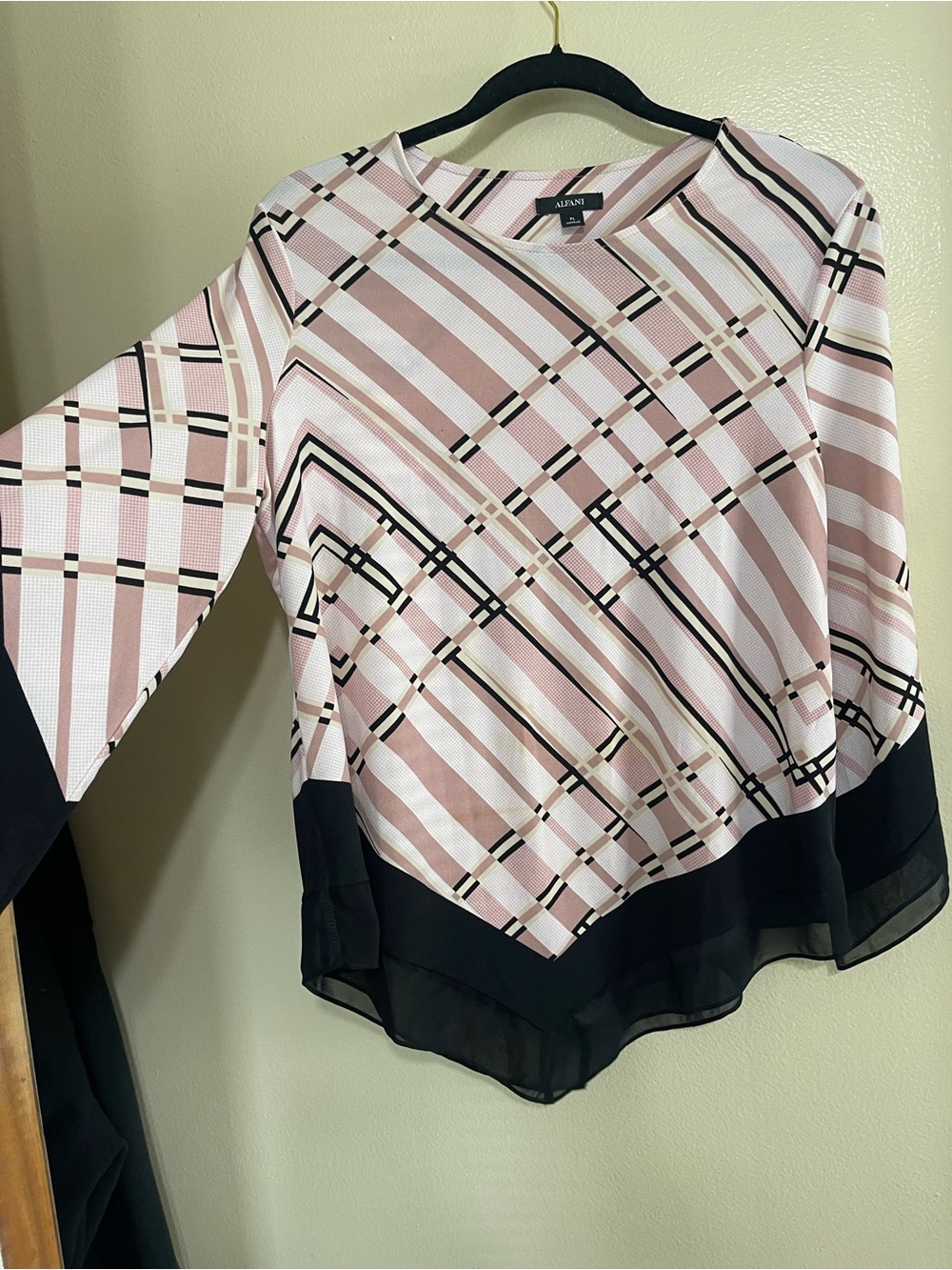 Alfani Pink Plaid Long-Sleeve Blouse with Black Hem Detail